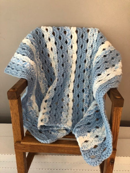 Baby Blanket - Hand Crocheted - Blue and White Striped