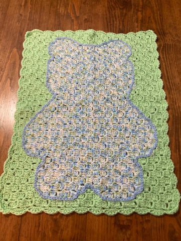 Specialty Blanket - Hand Crocheted - Green/Blue - Bear Outline