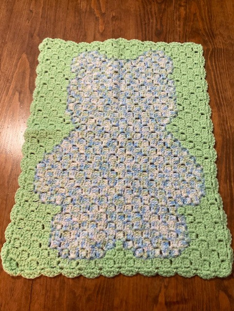 Specialty Blanket - Hand Crocheted - Green/Blue - Bear Outline
