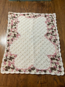 Specialty Blanket - Hand Crocheted - Pink/Brown/Cream - Bear Outline in Cream