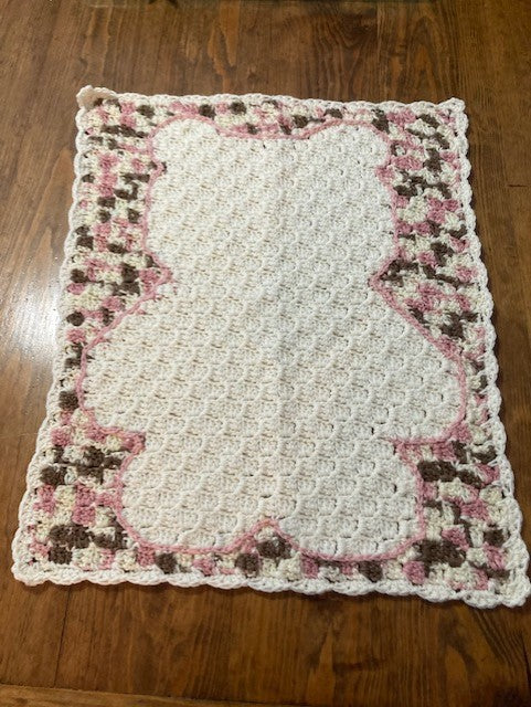 Specialty Blanket - Hand Crocheted - Pink/Brown/Cream - Bear Outline in Cream