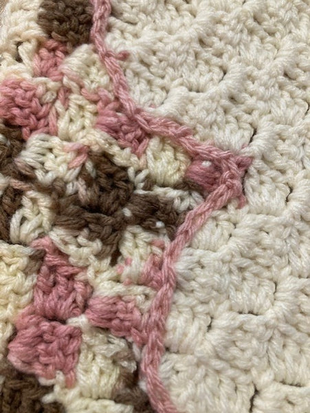 Specialty Blanket - Hand Crocheted - Pink/Brown/Cream - Bear Outline in Cream