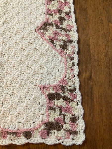 Specialty Blanket - Hand Crocheted - Pink/Brown/Cream - Bear Outline in Cream