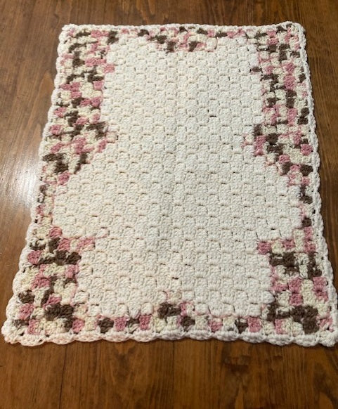 Specialty Blanket - Hand Crocheted - Pink/Brown/Cream - Bear Outline in Cream