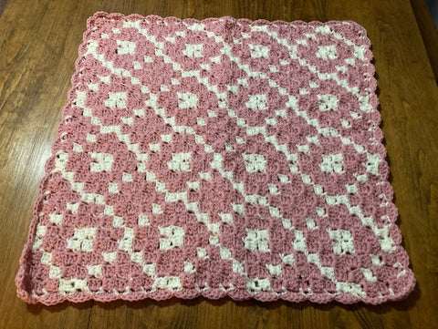 Baby Blanket - Hand Crocheted - Rose Pink & White - Diamond Pattern