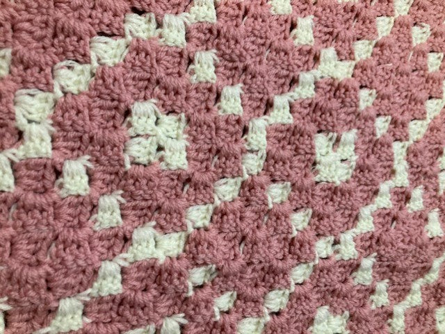 Baby Blanket - Hand Crocheted - Rose Pink & White - Diamond Pattern