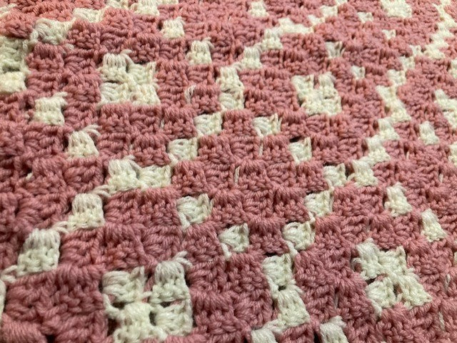 Baby Blanket - Hand Crocheted - Rose Pink & White - Diamond Pattern