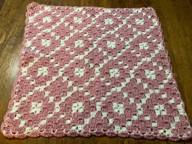 Baby Blanket - Hand Crocheted - Rose Pink & White - Diamond Pattern