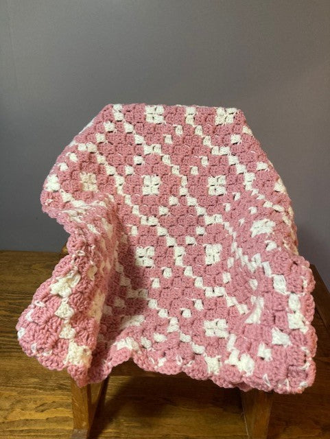 Baby Blanket - Hand Crocheted - Rose Pink & White - Diamond Pattern