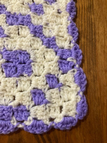 Baby Blanket - Hand Crocheted - Purple & White - Diamond Pattern