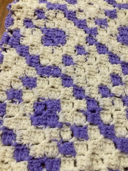 Baby Blanket - Hand Crocheted - Purple & White - Diamond Pattern