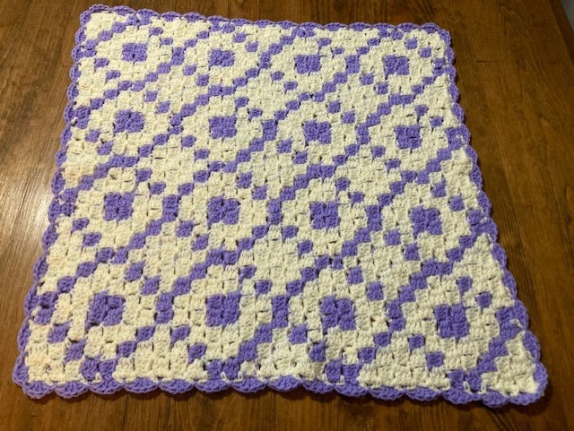 Baby Blanket Hand Crocheted Purple White Diamond Pattern