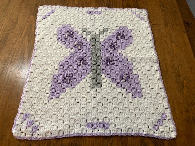 Specialty Blanket - Hand Crocheted - Purple/Gray/White - Butterfly