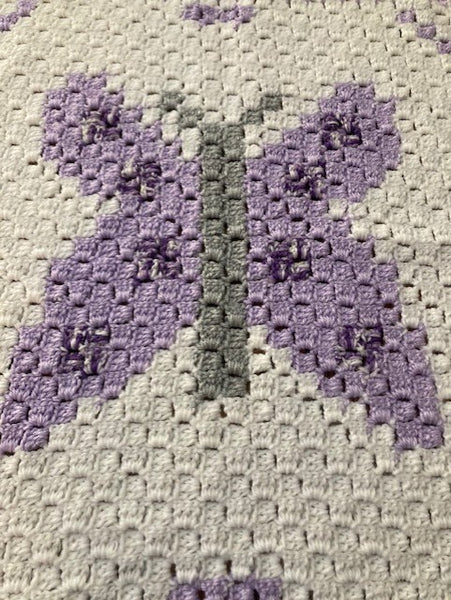 Specialty Blanket - Hand Crocheted - Purple/Gray/White - Butterfly