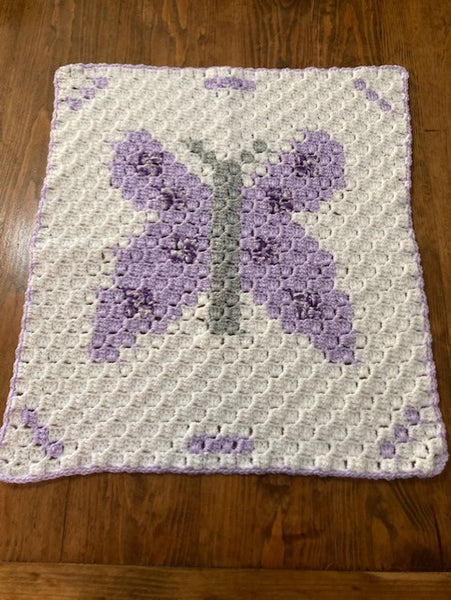 Specialty Blanket - Hand Crocheted - Purple/Gray/White - Butterfly