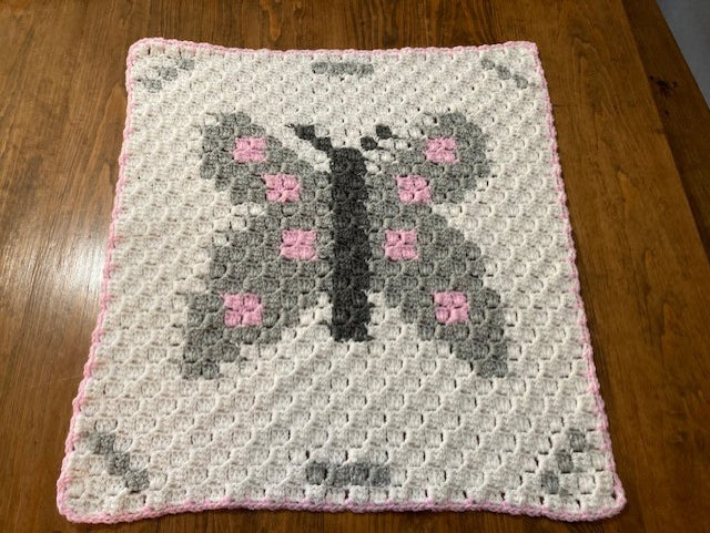 Specialty Blanket - Hand Crocheted - Pink/Gray/White - Butterfly