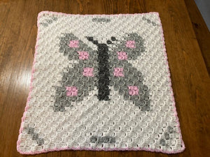 Specialty Blanket - Hand Crocheted - Pink/Gray/White - Butterfly