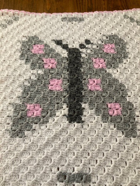 Specialty Blanket - Hand Crocheted - Pink/Gray/White - Butterfly