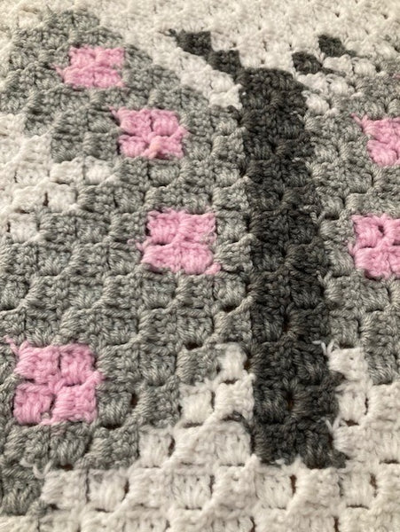 Specialty Blanket - Hand Crocheted - Pink/Gray/White - Butterfly