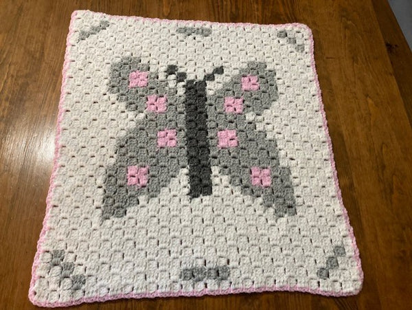 Specialty Blanket - Hand Crocheted - Pink/Gray/White - Butterfly