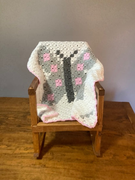 Specialty Blanket - Hand Crocheted - Pink/Gray/White - Butterfly