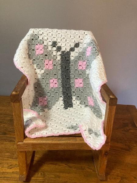 Specialty Blanket - Hand Crocheted - Pink/Gray/White - Butterfly