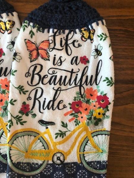 Hanging Towels with the Phrase "Life is a Beautiful Ride" - Set of 2