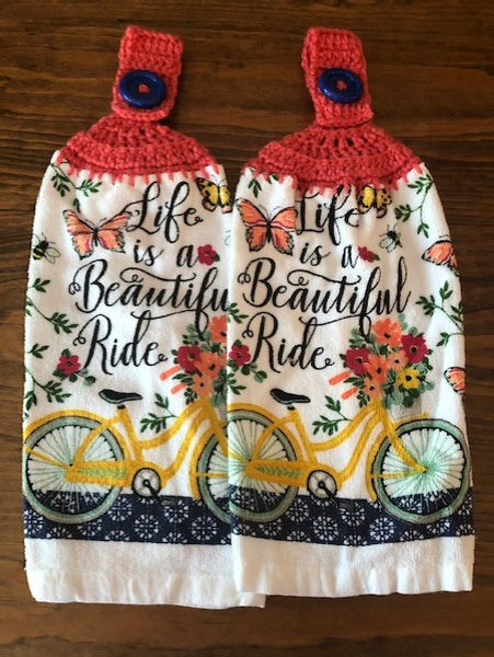 Hanging Towels with the Phrase "Life is a Beautiful Ride" - Set of 2