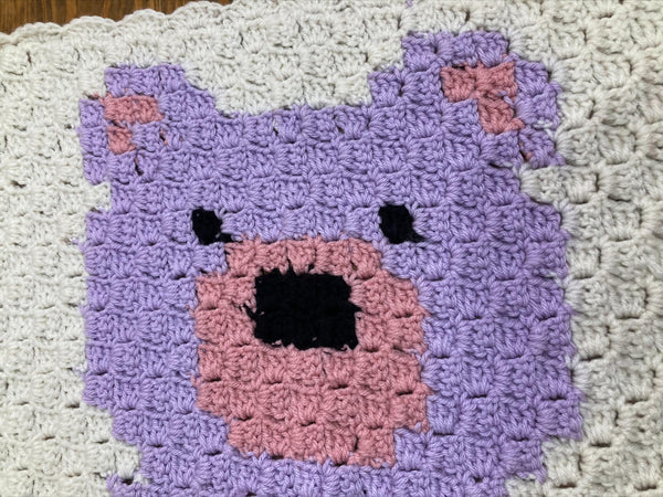 Specialty Blanket - Hand Crocheted - Bear - Purple & Pink on Cream Background