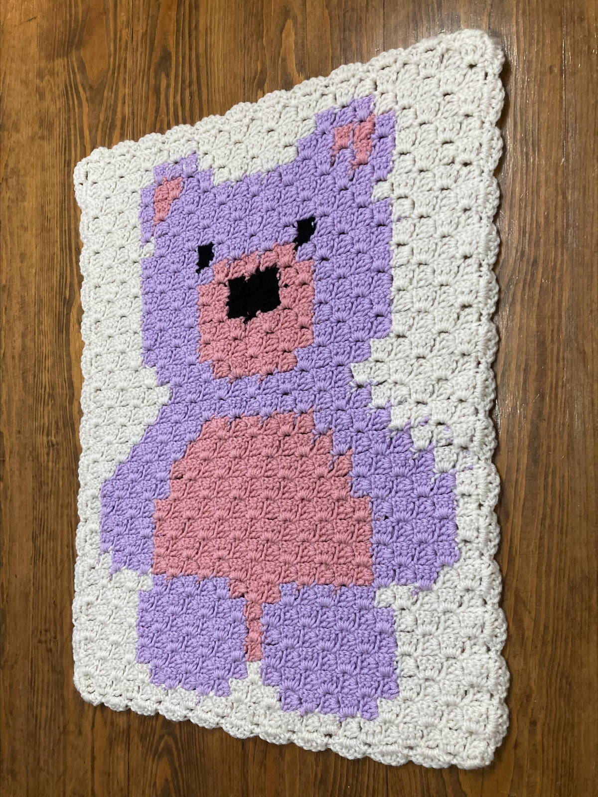 Specialty Blanket - Hand Crocheted - Bear - Purple & Pink on Cream Background