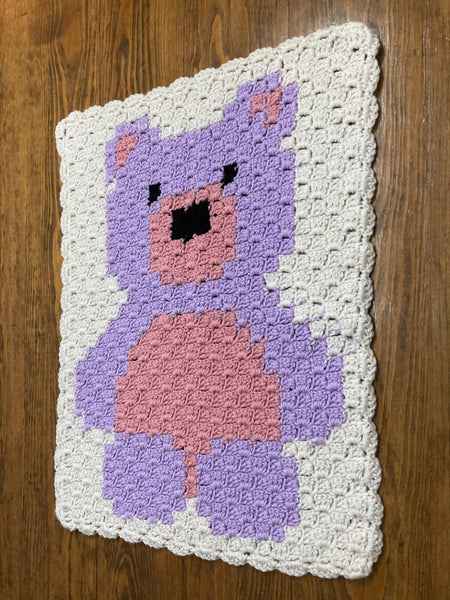 Specialty Blanket - Hand Crocheted - Bear - Purple & Pink on Cream Background