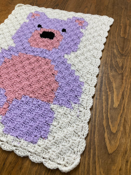 Specialty Blanket - Hand Crocheted - Bear - Purple & Pink on Cream Background