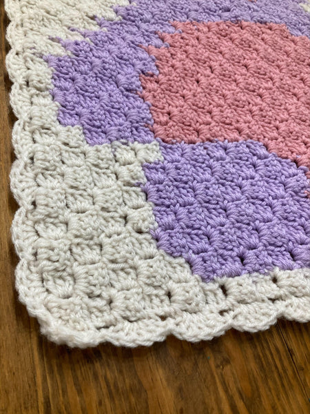 Specialty Blanket - Hand Crocheted - Bear - Purple & Pink on Cream Background