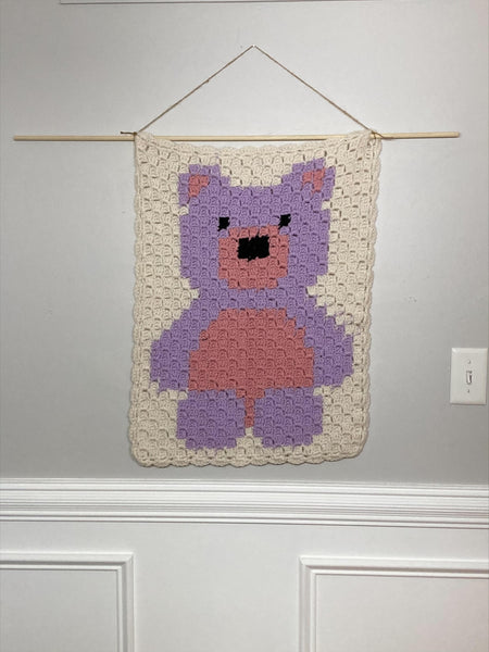 Specialty Blanket - Hand Crocheted - Bear - Purple & Pink on Cream Background